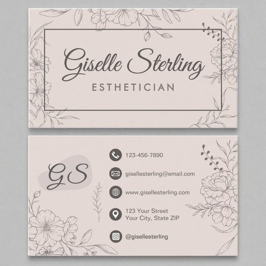 Esthetician Blush Pink Floral Line Art Script Visitekaartje