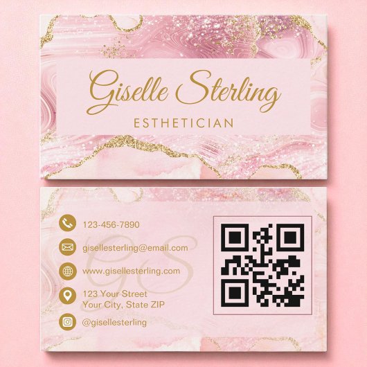 Esthetician Blush Pink Gold Agate QR-code Visitekaartje