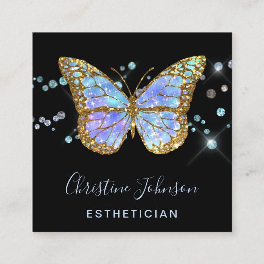 Esthetician faux glitter blauw vlinderontwerp vierkante visitekaartje (Voorkant)