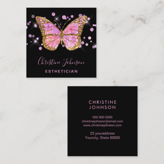Esthetician Faux Glitter Butterfly Design Vierkante Visitekaartje (Voorkant / Achterkant)