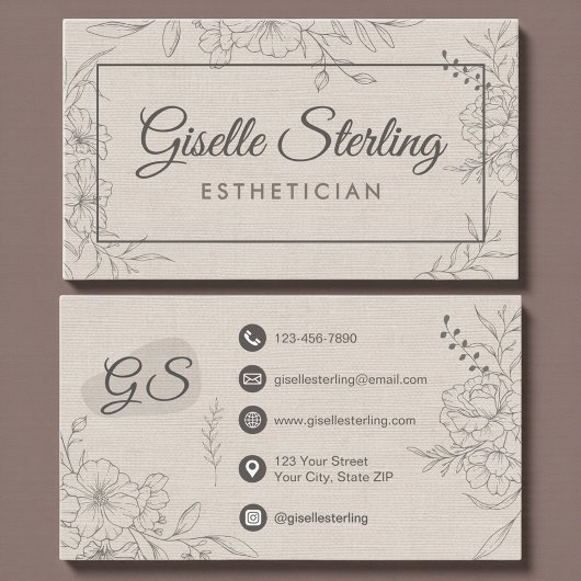Esthetician Linen Floral Line Art Script Visitekaartje
