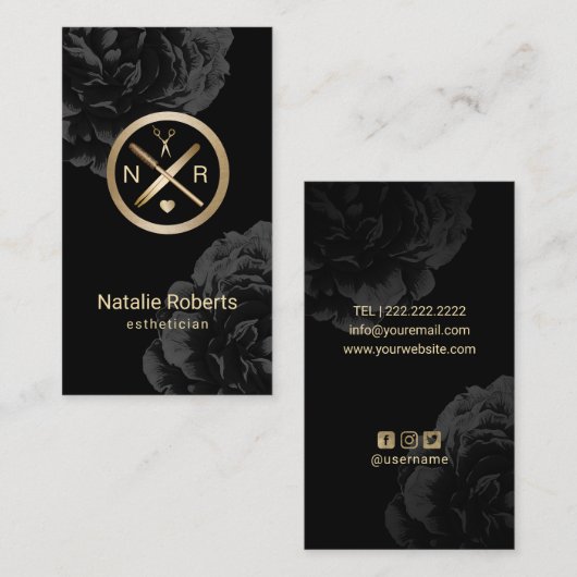 Esthetician Makeup Artist Logo Modern Black Floral Visitekaartje (Voorkant / Achterkant)