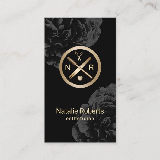 Esthetician Makeup Artist Logo Modern Black Floral Visitekaartje (Voorkant)