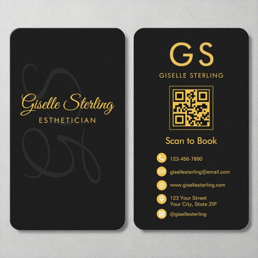 Esthetician Monogram Zwart Goud QR Code Schoonheid Visitekaartje