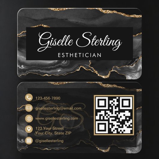 Esthetician QR Code Black Gold Agate Luxury Visitekaartje