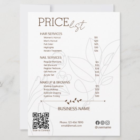 Esthetician Service prijslijst Bohemian Scan Me Kaart (Voorkant)