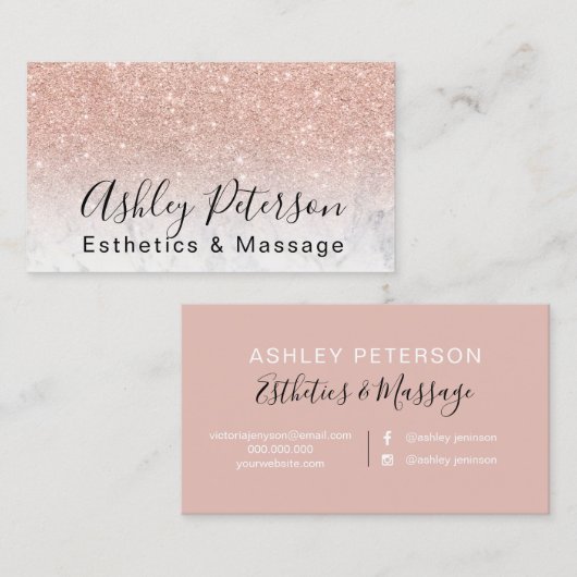 Esthetiek massagescript marmer roos gouden glitter visitekaartje (Voorkant / Achterkant)