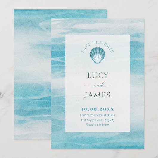 Esthetisch blauw zee bruiloft save the date (Voorkant / Achterkant)