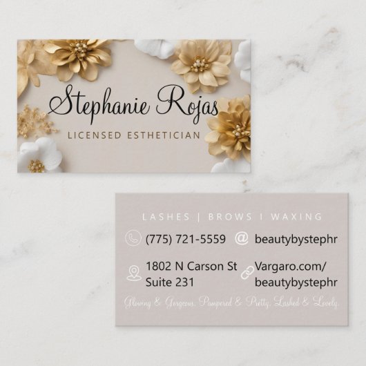 Esthetisch goud + witte bloem visitekaartje (Voorkant / Achterkant)