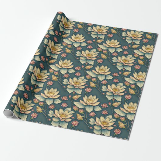 Esthetisch Lotus Bloem Botanisch Groen Cadeaupapier (Uitgerold)