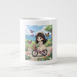 Esthetisch meisje dat fietst in een prachtige tuin grote koffiekop