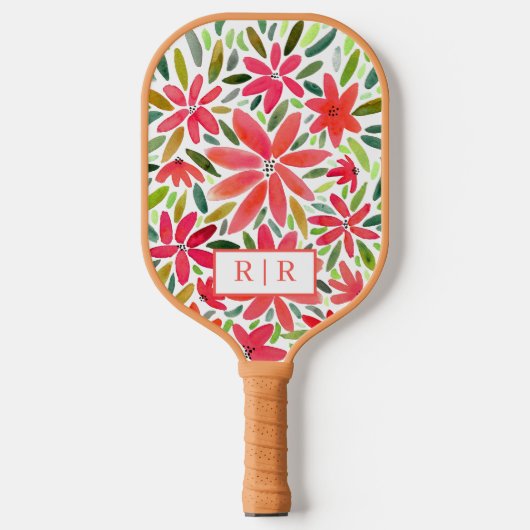 Esthetisch  Monogram Initiaal Rode Bloemen Pickleball Paddle (Voorkant)