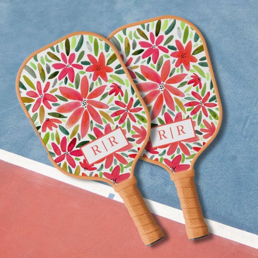 Esthetisch  Monogram Initiaal Rode Bloemen Pickleball Paddle