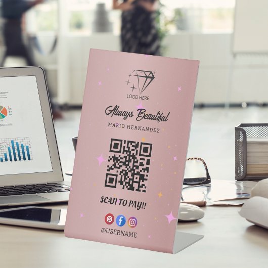 Esthetisch Roos Gold QR Code Scan te betalen Reclamebord Met Voetstuk
