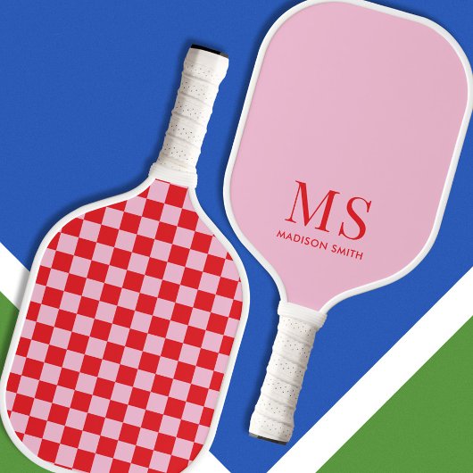 Esthetisch roze rood geruit monogram pickleball paddle