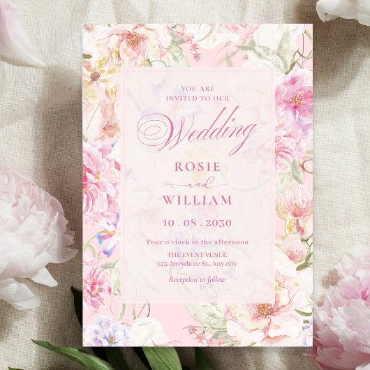 Esthetisch roze zachte bloemige bruiloft kaart