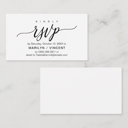 Esthetisch zwart script, bruiloft RSVP reageren Informatiekaartje (Voorkant / Achterkant)