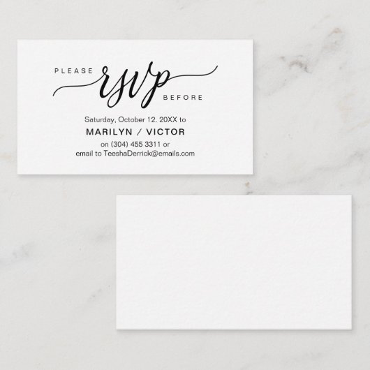 Esthetisch zwart script, partij RSVP reageren Informatiekaartje (Voorkant / Achterkant)