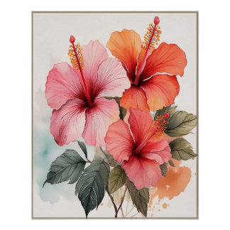 Esthetische Aquarel Bloemen Hibiscus Wand Poster