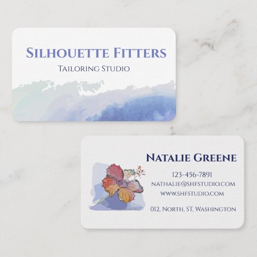 Esthetische Blauw Wit Waterverf Tailoring Visitekaartje (Voorkant / Achterkant)
