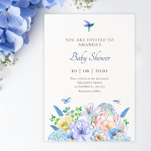 Esthetische blauwe bloementuin babyshower kaart