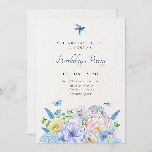 Esthetische blauwe bloementuin verjaardag kaart (Voorkant / Achterkant)