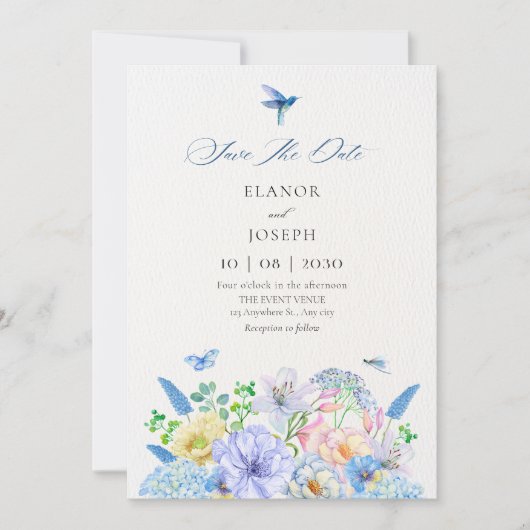 Esthetische blauwe bloemetuin bruiloft save the date (Voorkant)