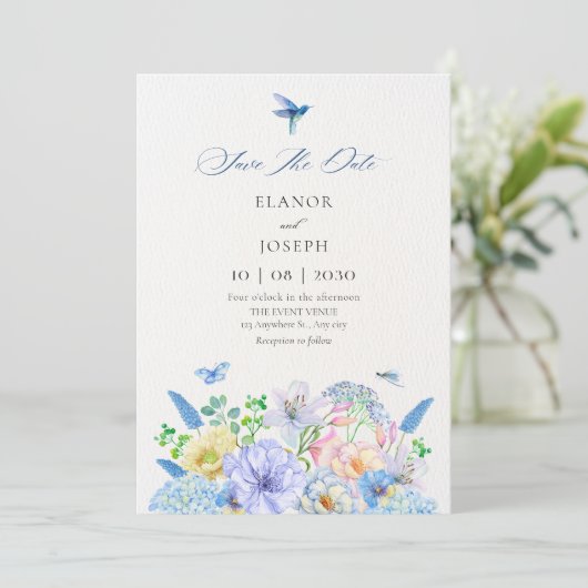 Esthetische blauwe bloemetuin bruiloft save the date (Staand voorkant)