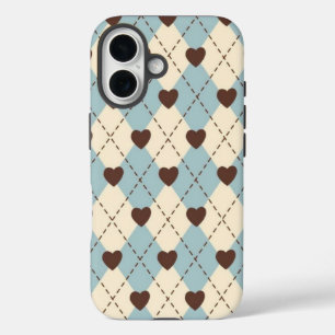 Esthetische blauwe,crème argyle hartpatroon hoes