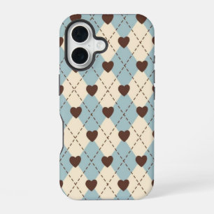 Esthetische blauwe,crème argyle hartpatroon hoes iPhone 16 hoesje