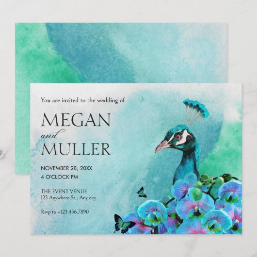 Esthetische Blauwe Pauw Vogel bruiloft Kaart (Voorkant / Achterkant)