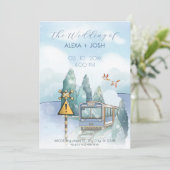 Esthetische blauwe reis trein bruiloft kaart (Staand voorkant)