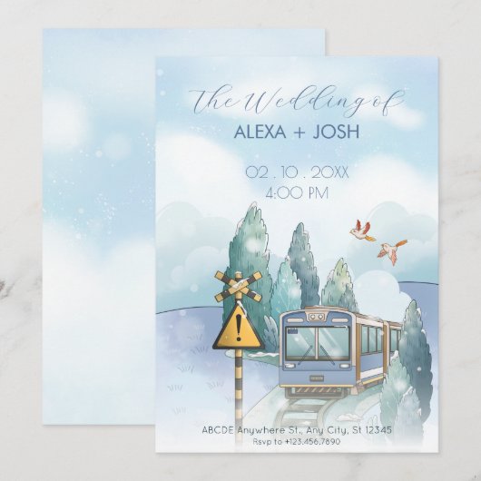 Esthetische blauwe reis trein bruiloft kaart (Voorkant / Achterkant)
