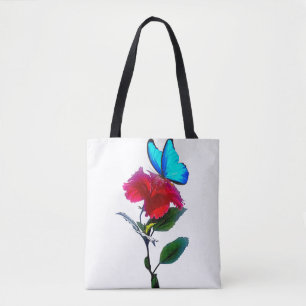 Esthetische blauwe vlinder op rode bloem tote tas