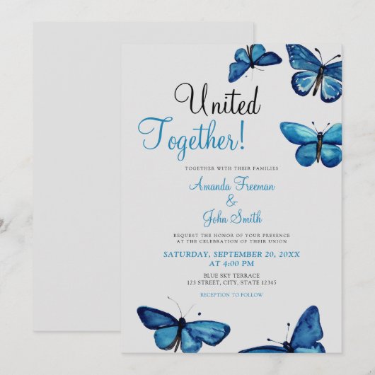 Esthetische Blauwe Vlinders Waterverf Bruiloft Kaart (Voorkant / Achterkant)