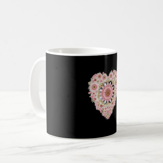 Esthetische bloemenhart mok | Zwarte mok met roze  (Voorkant links)