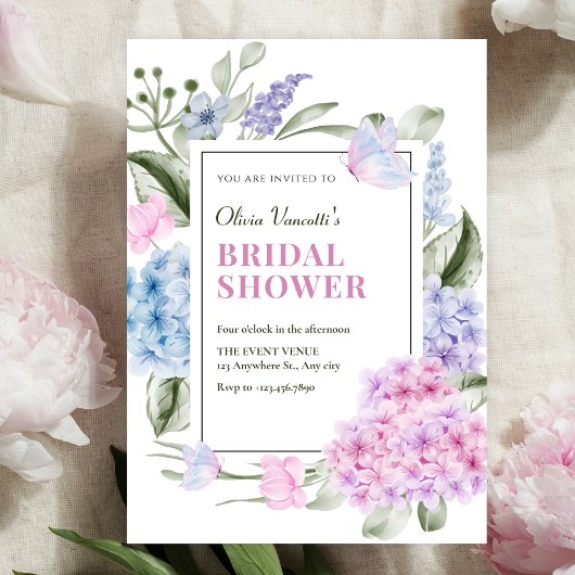 Esthetische bloemige hortensia bruidsshower kaart
