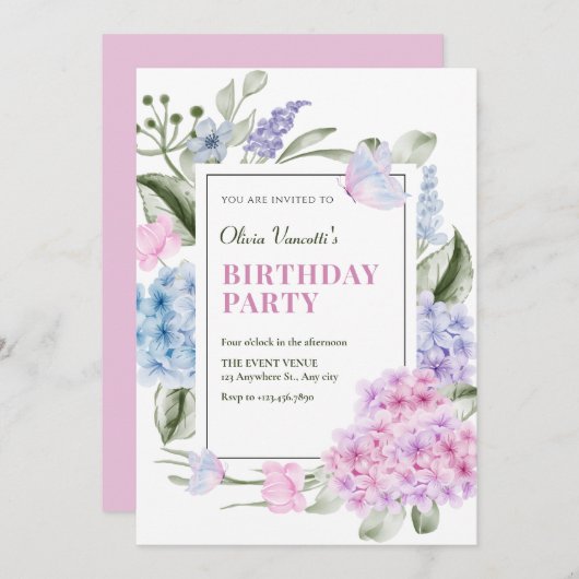 Esthetische bloemige hortensia verjaardag kaart (Voorkant / Achterkant)