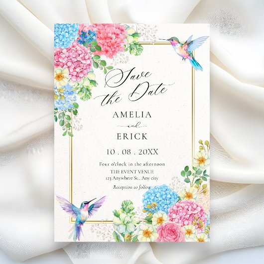 Esthetische bloemrijke vogel save the date
