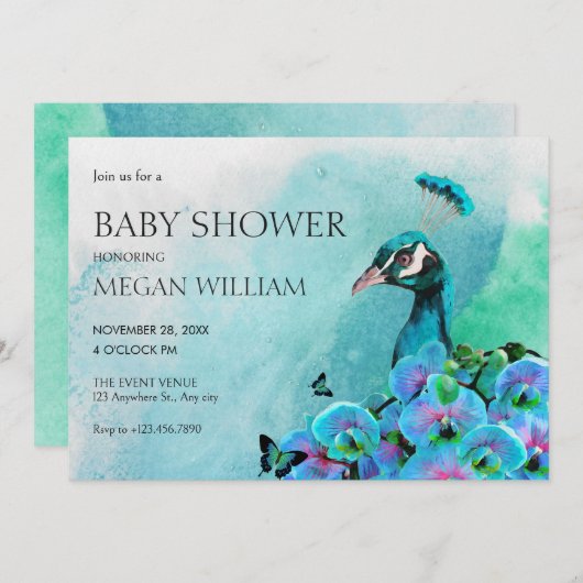 Esthetische Blue Peacock Bird baby shower Kaart (Voorkant / Achterkant)