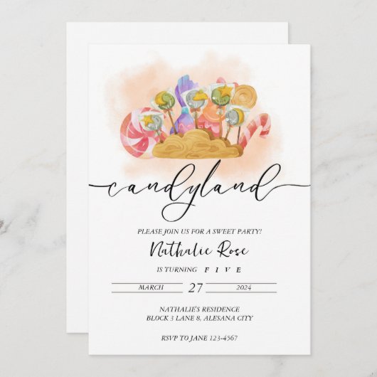 Esthetische Candyland thema uitnodiging Snoep them (Voorkant / Achterkant)