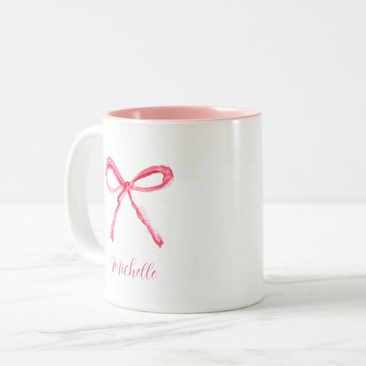 Esthetische Coquette Roze Bow Elegante Waterverf Tweekleurige Koffiemok (Voorkant links)