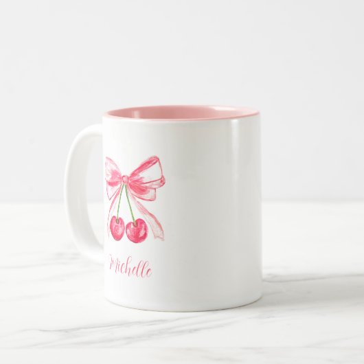 Esthetische Coquette Roze Bow Elegante Waterverf Tweekleurige Koffiemok (Voorkant links)