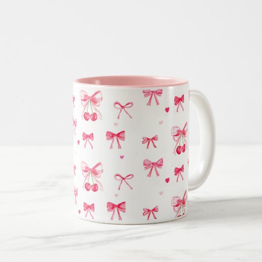 Esthetische Coquette Roze Bow Elegante Waterverf Tweekleurige Koffiemok (Voorkant rechts)