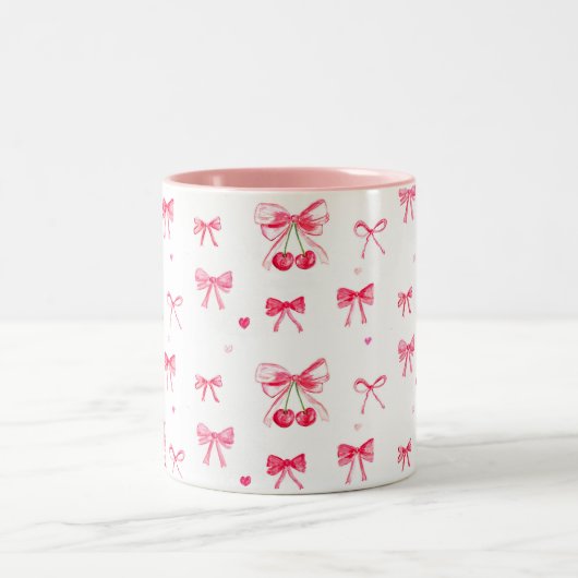 Esthetische Coquette Roze Bow Elegante Waterverf Tweekleurige Koffiemok (Center)