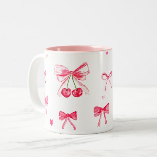 Esthetische Coquette Roze Bow Elegante Waterverf Tweekleurige Koffiemok (Voorkant links)