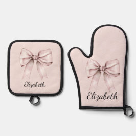 Esthetische coquette roze strik Gepersonaliseerde  Ovenwant & Pannenlap Set