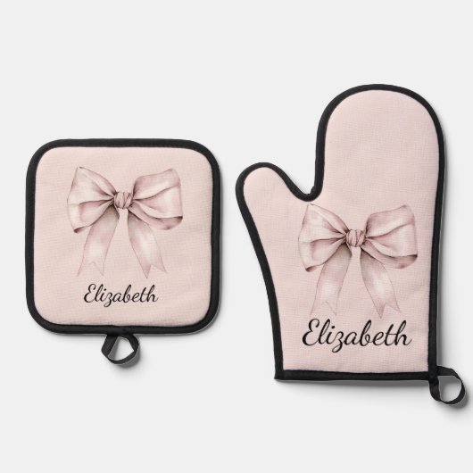 Esthetische coquette roze strik Gepersonaliseerde  Ovenwant & Pannenlap Set (Voorkant)