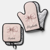 Esthetische coquette roze strik Gepersonaliseerde  Ovenwant & Pannenlap Set (Voorkant / Achterkant)