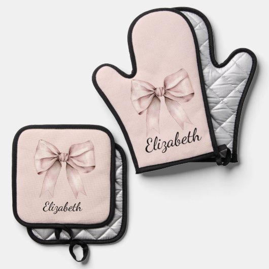 Esthetische coquette roze strik Gepersonaliseerde  Ovenwant & Pannenlap Set (Voorkant / Achterkant)